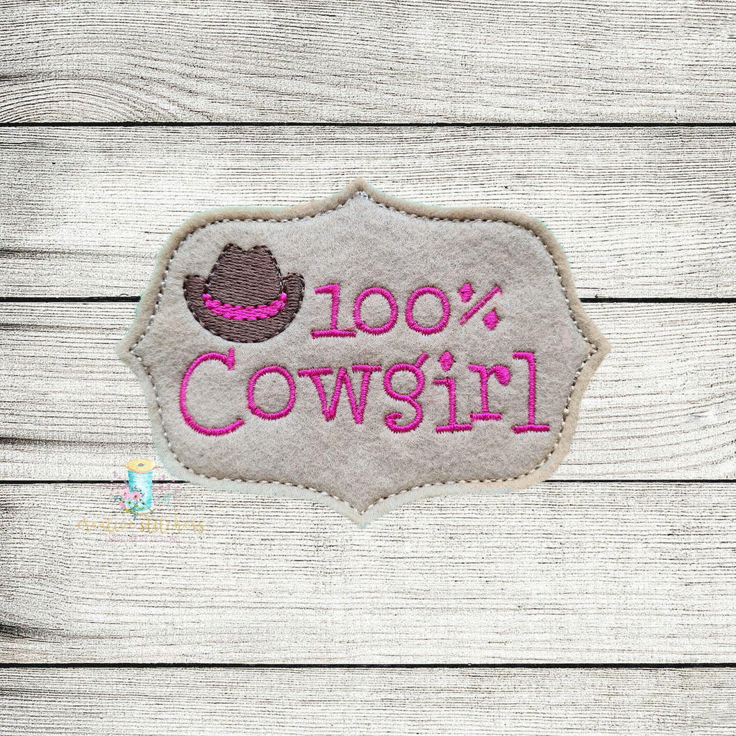 100% Cowgirl Slider Digital Embroidery Design File